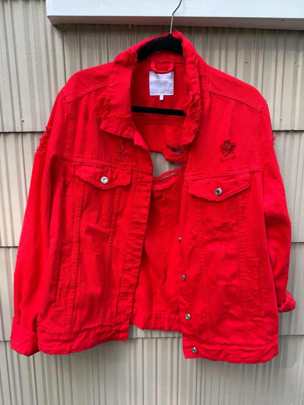 NWOT Zara Distressed Thrashed Red Denim Trucker Jacket
